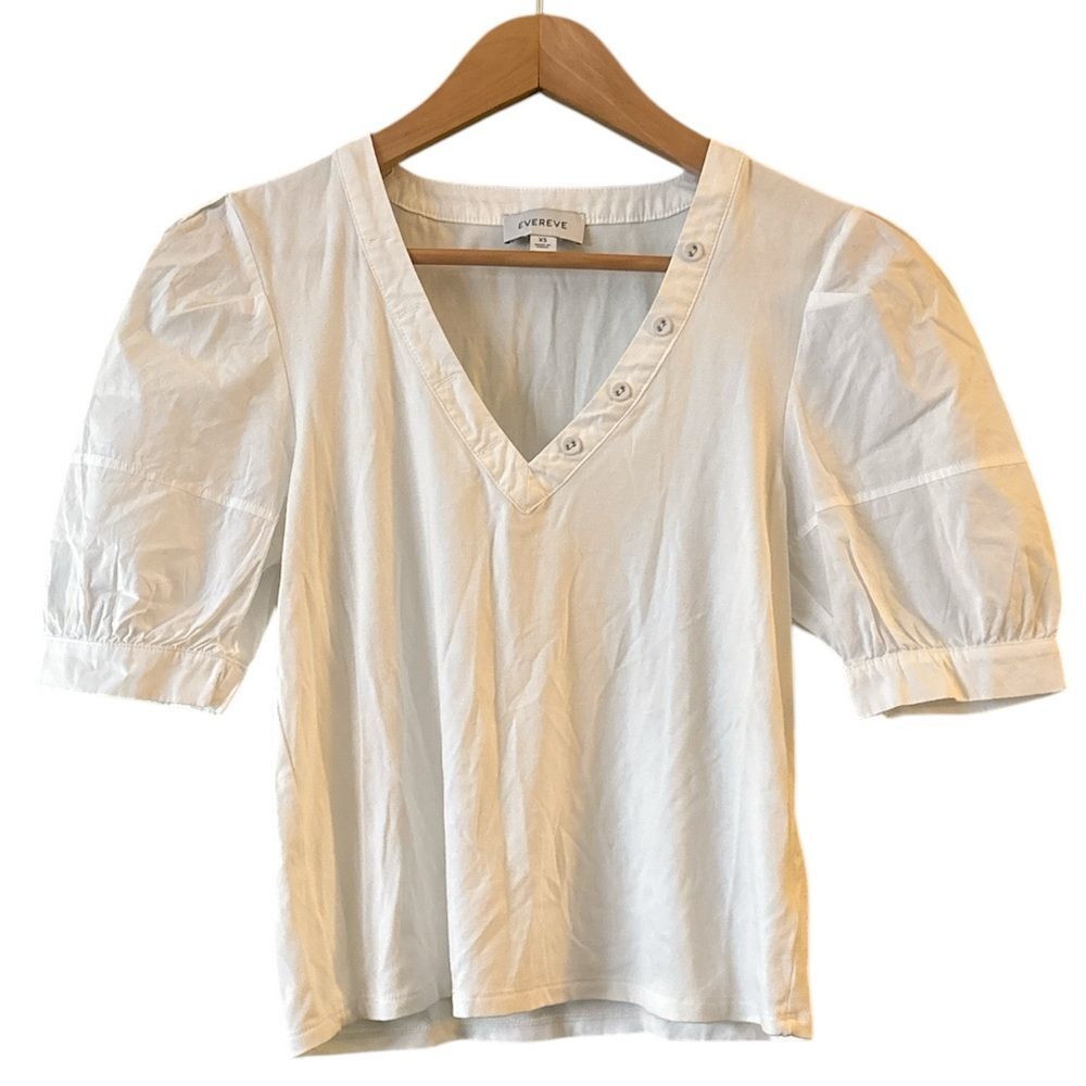Evereve T-Shirt Puff Short Sleeve Top Button Collar Detail White Sz XS